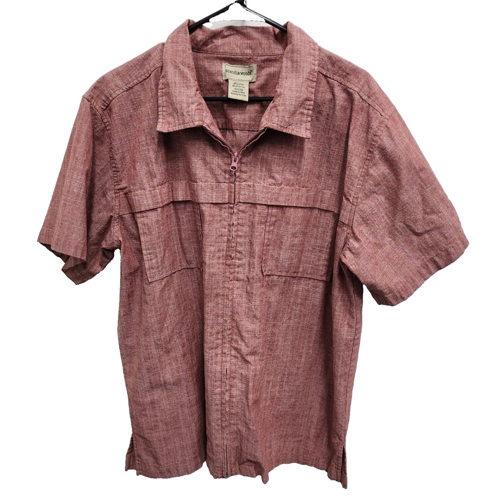 Scandia Woods Mens Shirt Large Red Linen Blend Short Sleeve Zip Front Coastal